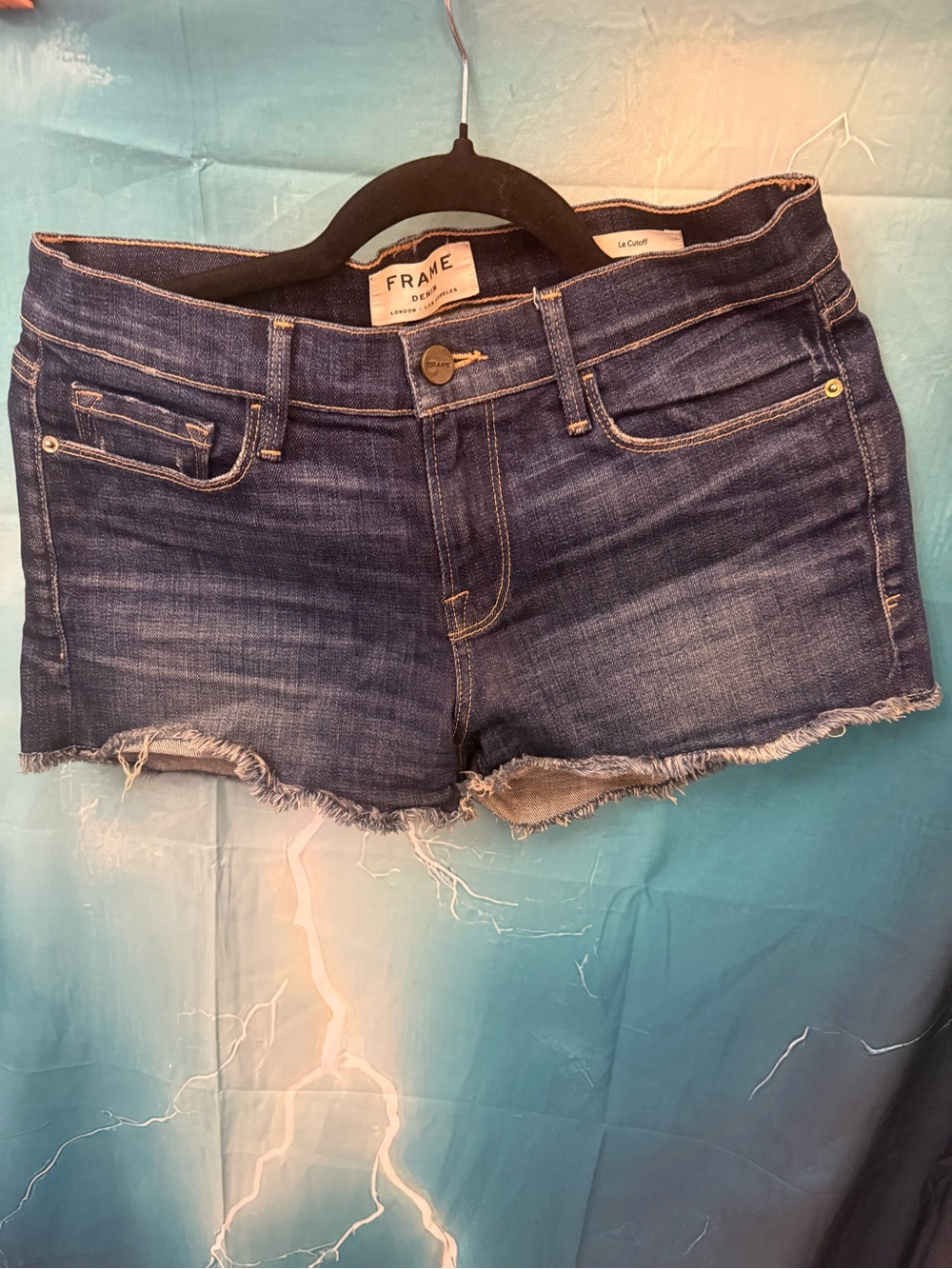 Frame Denim Dark Blue Frayed Hem Jean Shorts